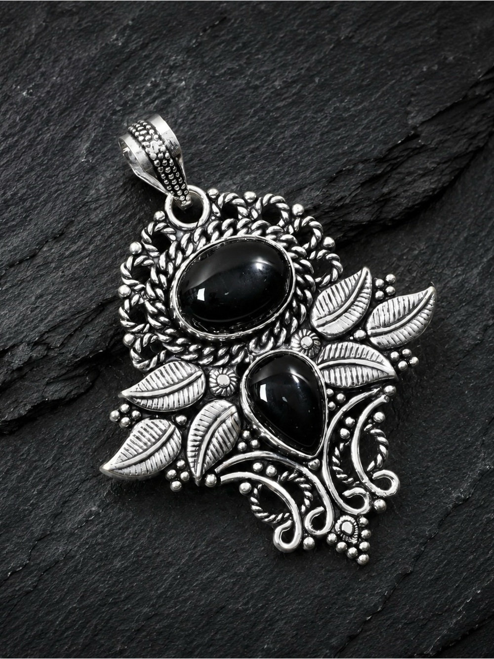 Natural Black Onyx Gemstone 925 Silver Leaf 2.4” Pendant